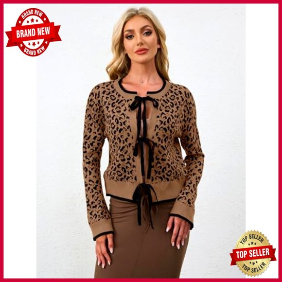 Leopard Print Bow Tie Cardigan Long Sleeve Open Front Knit Sweater Casual - Picture 2 of 7